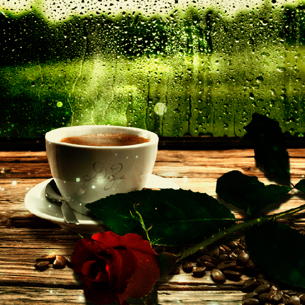 Анимированная открытка Роза дождливый утренний кофе