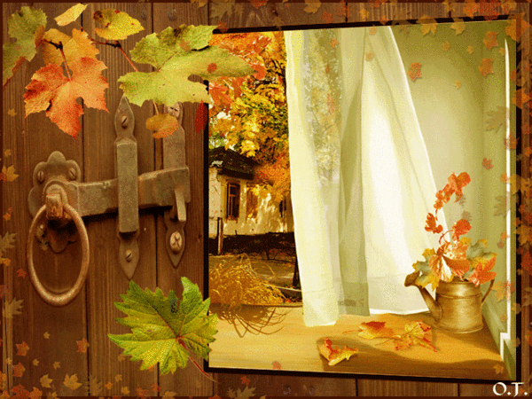 Анимированная открытка Изображено открытое окно, осенние листья