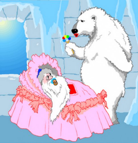 Открытка На картинке полярный медведь укладывает спать как малыша Деда Мороза Санта Клауса.