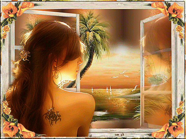 Анимированная открытка Женщина у открытого окна