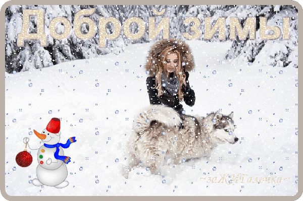 Анимированная открытка Доброй зимы хаски с девушкой