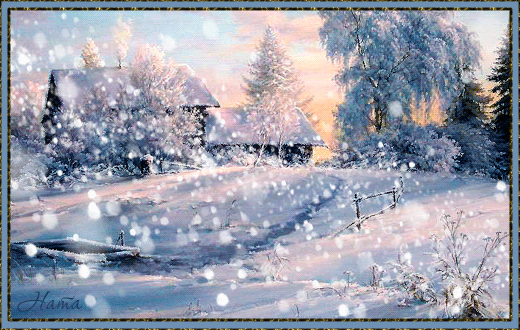 Анимированная открытка Падающий снег в деревушке на переднем плане колодец, на заднем-два строения
