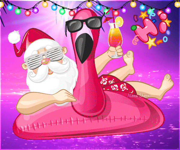 Анимированная открытка Санта на Гавайях! Привет!