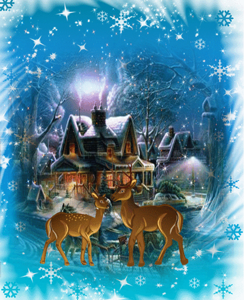 Анимированная открытка На картинке изображены 2 оленя на фоне зимнего деревянного дома и снега