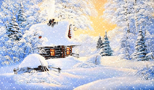 Анимированная открытка Лес, избушка, идет снег