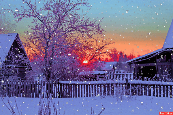 Анимированная открытка Деревенские домики в снегу, снегопад