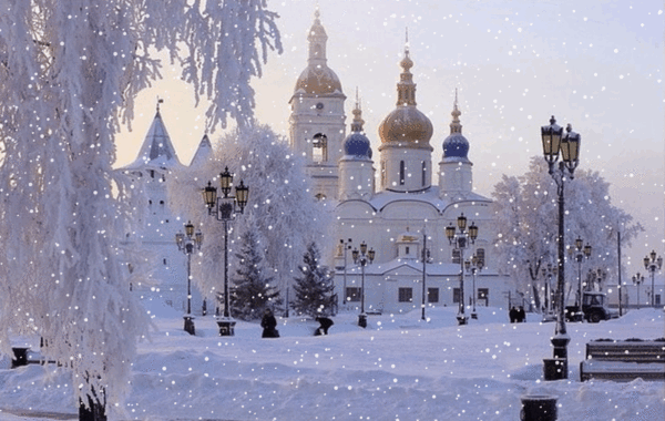 Анимированная открытка Церковь зимой