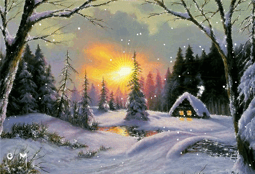 Анимированная открытка Зимний пейзаж зимняя сказка