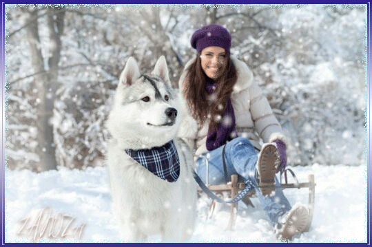 Анимированная открытка Собака девушки зима