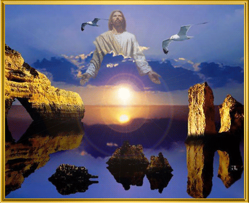 Анимированная открытка Бог в небесах, море, камни, солнце