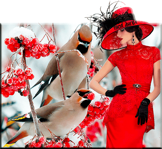 Анимированная открытка Девушка в красном платье и красной шляпке в черных перчатках