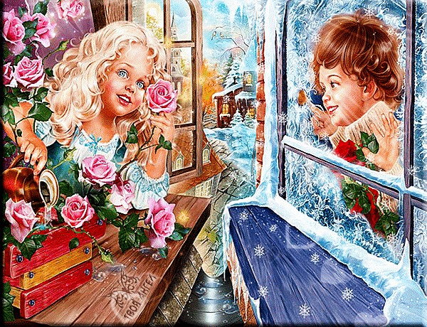 Анимированная открытка Зима. Улыбающаяся девочка выглядывает из окна, вокруг розы