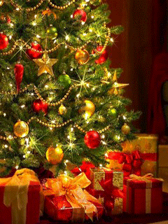 Анимированная открытка Новогодняя елка и подарки