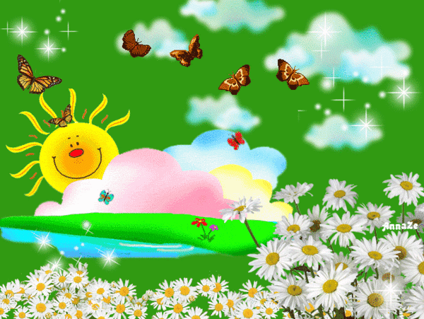Анимированная открытка Ромашки, радуга над речкой, бабочки летают, солнышко смеётся