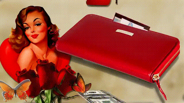 Анимированная открытка Женщина, кошелёк, деньги, цветы