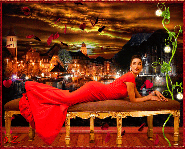 Анимированная открытка красивая девушка в красном платье