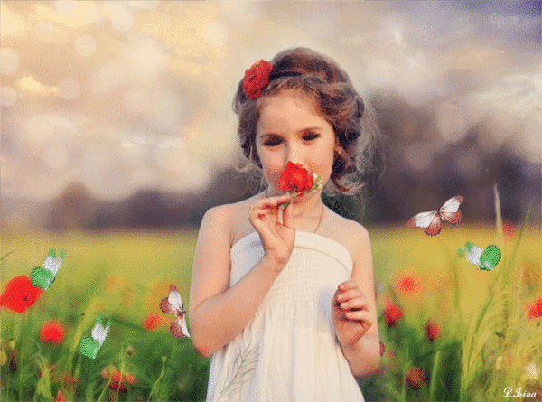 Анимированная открытка Девочка девочка и цветы