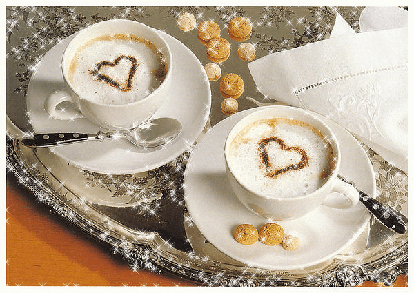 Анимированная открытка Шашки с кофе и сердечки