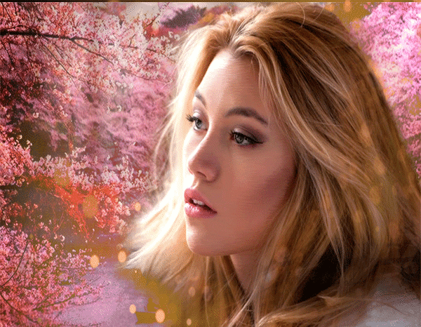 Анимированная открытка Задумчивая девушка на фоне розовых деревьев