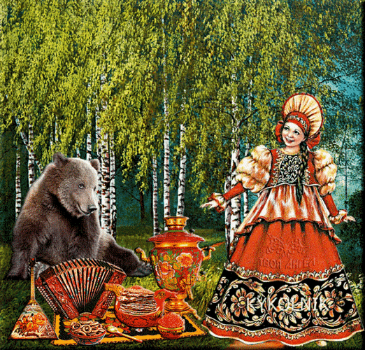 Анимированная открытка На полене среди берез медведь с девушкой