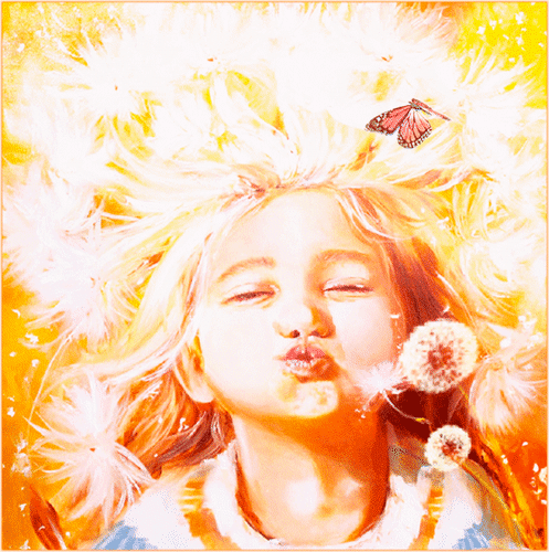 Анимированная открытка Девочка дует на одуванчик
