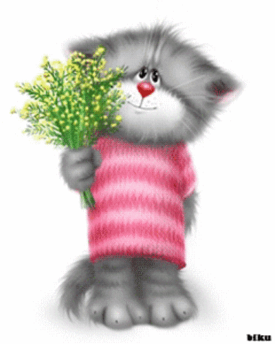Анимированная открытка Кот в розовой кофте с букетиком мимозы