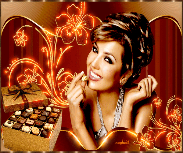 Анимированная открытка Девушка с шоколадными конфетами