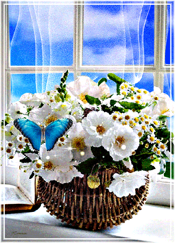 Анимированная открытка Доброго дня цветочные композиции с цветами в поле