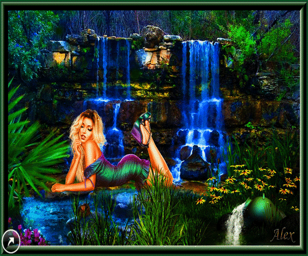 Анимированная открытка Девушка у водопада