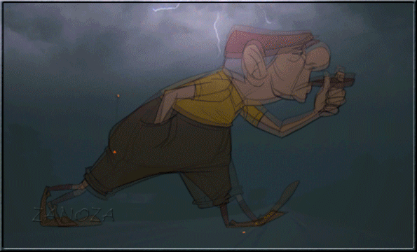 Анимированная открытка Гроза и мультяшный герой
