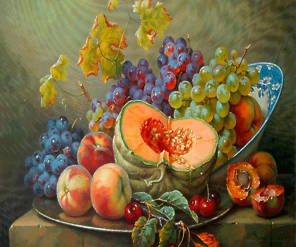 Анимированная открытка Натюрморт: тыква, персики виноград.