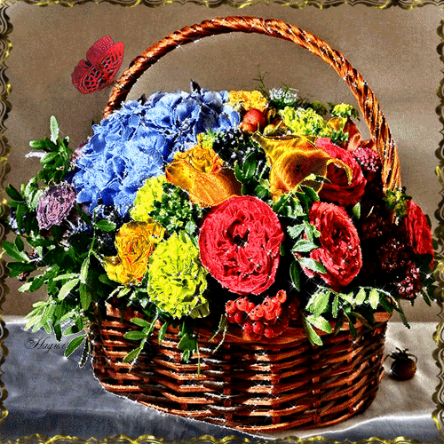 Анимированная открытка Корзина с цветами