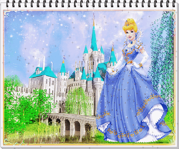 Анимированная открытка Девушка на фоне дворца