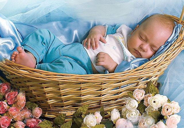 Открытка Спящий младенец в корзине. Вокруг корзины букеты роз