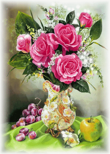 Анимированная открытка Букет розы в вазе