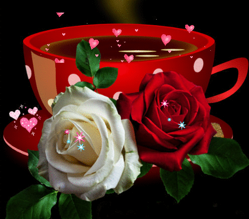 Анимированная открытка Чашка и розы красные сердечки анимация