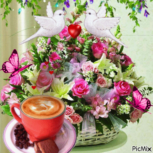 Анимированная открытка Букет цветов, бабочки, чашка кофе
