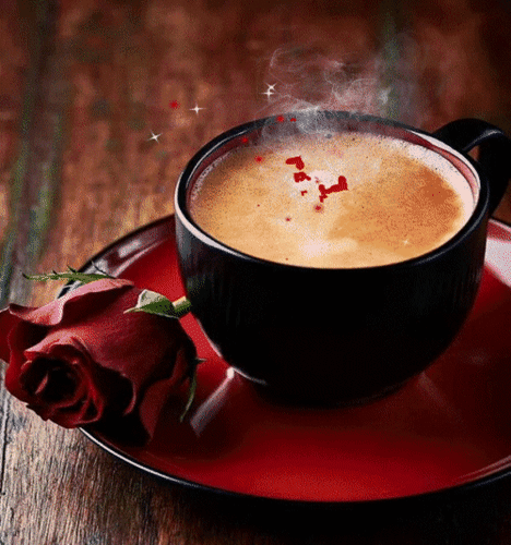 Анимированная открытка Чашка ароматного кофе, красная роза на блюдце