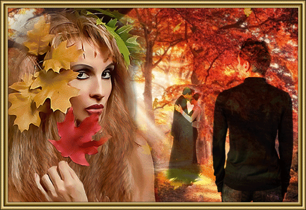 Анимированная открытка Девушка в осенней листве, уходящий парень и влюблённая пара