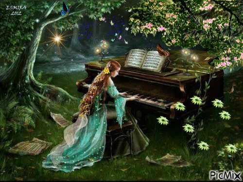 Анимированная открытка Девушка играет на пианино.
