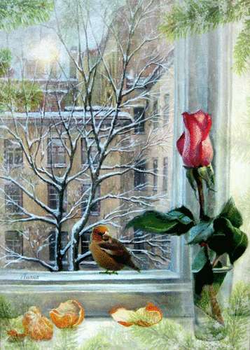 Анимированная открытка Птица на окне Вышивание