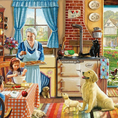 Анимированная открытка Бабушка и внучка на кухне