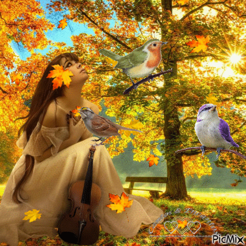 Анимированная открытка Осень, девушка под деревом, с которого падают жёлтые листья; на дереве сидят птицы