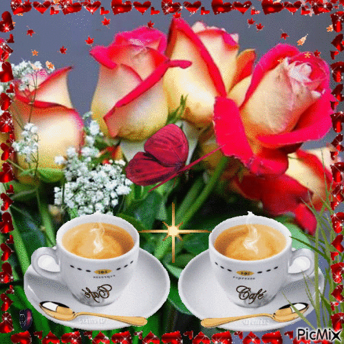 Анимированная открытка Две чашки с кофе, розы, бабочка