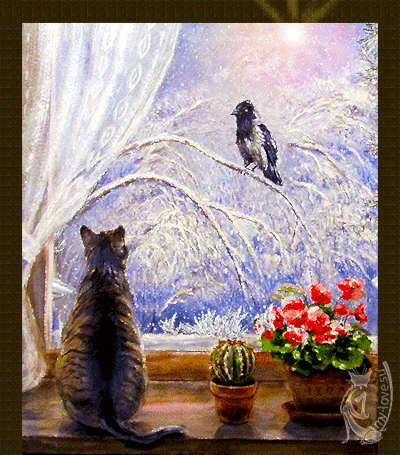Анимированная открытка Кот сидит и смотрит в окно на ворону