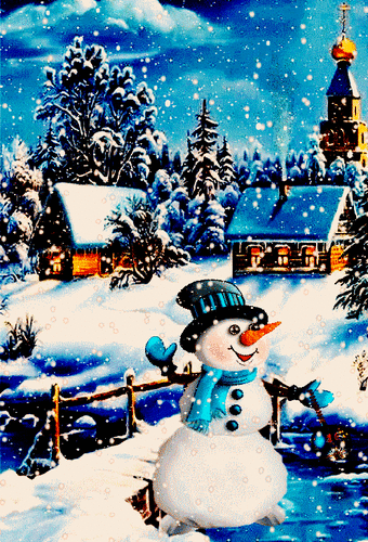 Анимированная открытка Снеговик в зимнем пейзаже