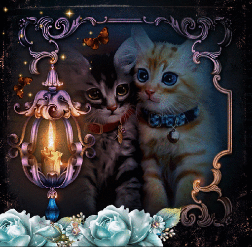 Анимированная открытка Два котёнка, горящая свеча, цветы