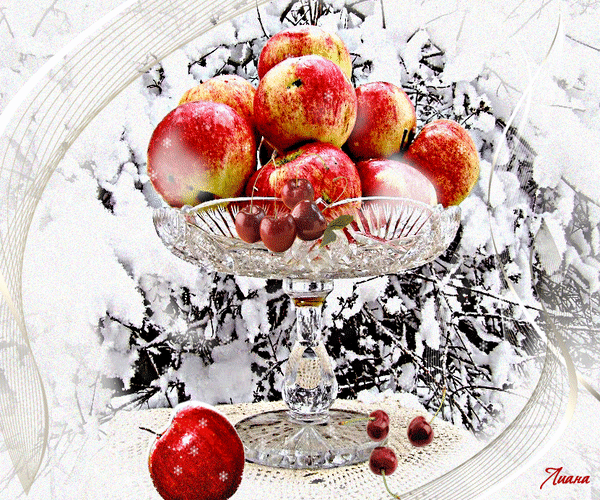 Анимированная открытка Яблоки в вазе фрукты
