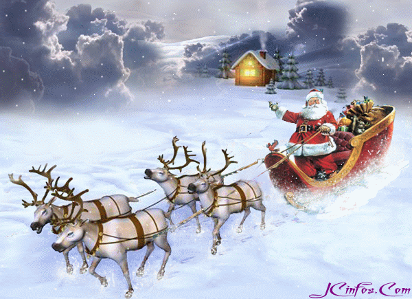 Анимированная открытка Санта-Клаус на оленях