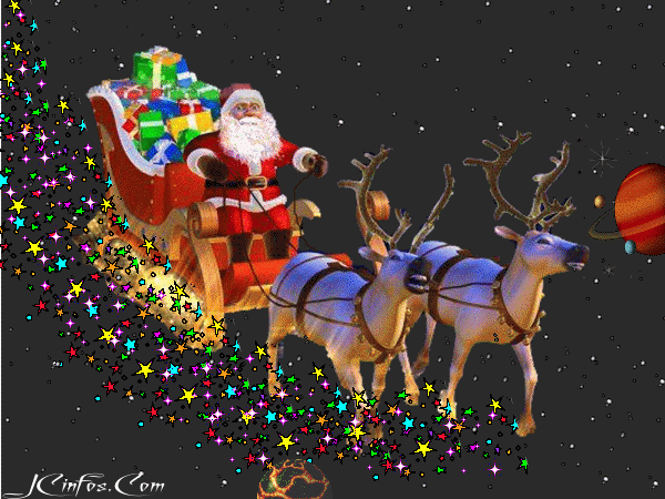 Анимированная открытка Санта Клаус с подарками мчится на оленьей упряжке